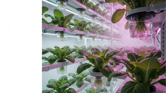 Rows of Fresh Lettuce and Leafy Greens in Indoor Vertical Hydroponic Farm with Pink LED Lighting and Misty Atmosphere, Modern Urban Agriculture,ピンクのLED照明と霧に包まれた屋内垂直水耕栽培農場に並ぶ新鮮なレタスと葉物野菜 現代の都市型農業