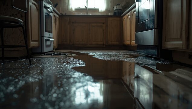Flooded Kitchen with Standing Water on the Floor and Reflections