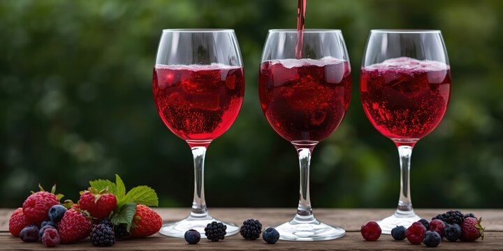 Three Glasses of Red Sparkling Beverage - Outdoor Setting, Fresh Berries, Vibrant Colors