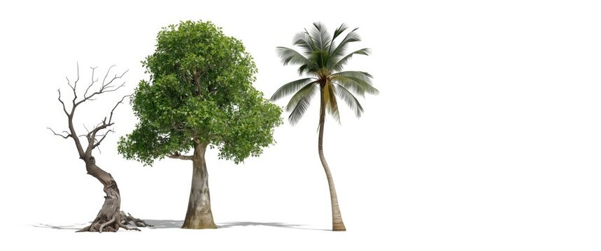 Three Distinct Trees Including a Leafless Trunk a Full Green Tree and a Palm Isolated on White