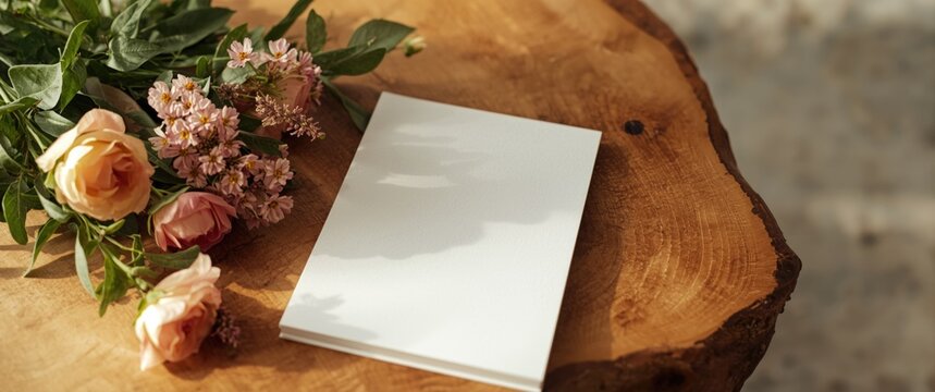 Blank Notepad Surrounded by Fresh Flowers on a Wooden Table in Soft Natural Light
