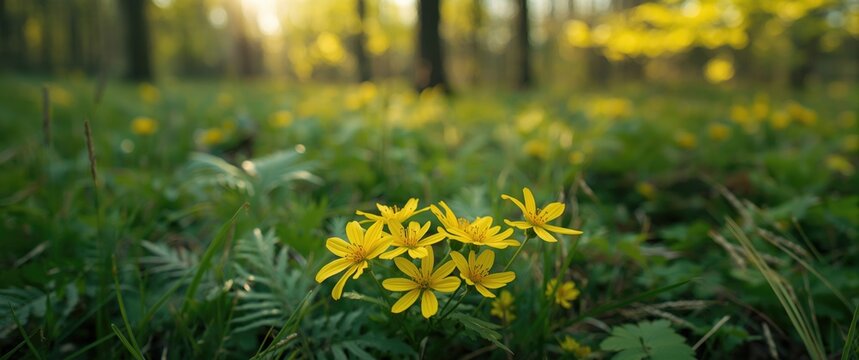 Yellow Wildflowers Blooming in a Sunlit Forest with Green Foliage