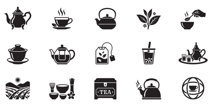 Tea icon set. Teapot and cup symbol. Organic herbal green tea logo. Matcha and bubble tea sign. Vector illustration. Vector Graphic. EPS 10