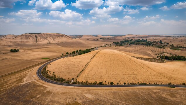 Aerial View of Rolling Dry Hills and Curved Road Under Cloudy Sky