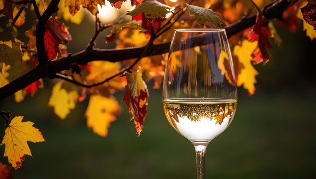 Wine glass reflecting autumn leaves on a branch