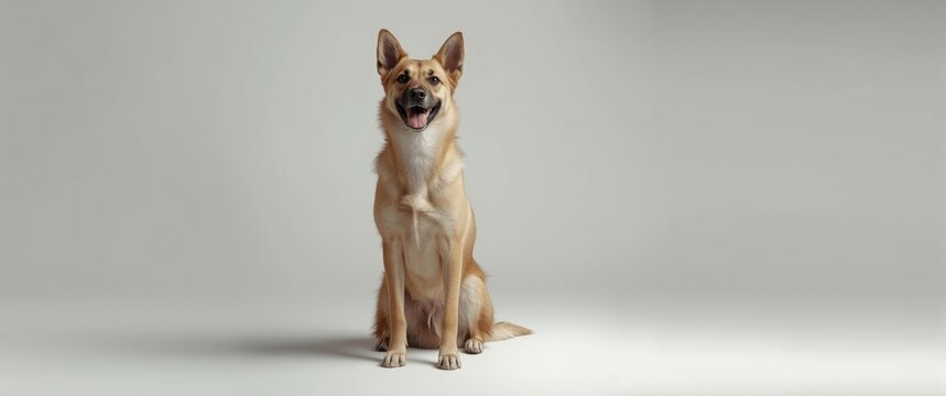 Smiling dog sitting on a white background