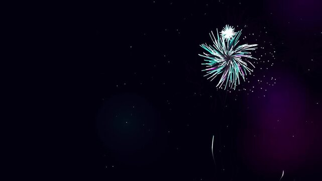 Abstract fireworks display with purple and white light trails on a dark background