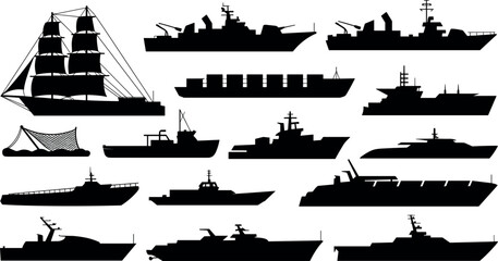  Military warships naval vessels cargo container ships vintage sailing boat cruise luxury yachts silhouettes collection vector illustration. © MDFARIDUR