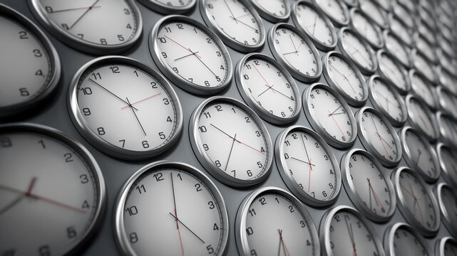 Modern wall clocks showing different time zones of world cities. 3D illustration