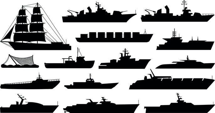  Military warships naval vessels cargo container ships vintage sailing boat cruise luxury yachts silhouettes collection vector illustration.