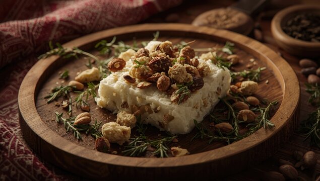 Cheese Block Topped with Nuts and Herbs - Rustic Wooden Platter, Warm Lighting