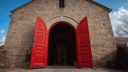 Obraz premium Red Double Doors Opened at a Historic Stone Building Under a Blue Sky