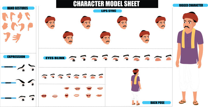 Indian Village Traditional Kurta Dhoti Man with Turban Sprite Sheet | Rigged 2D Character with Lip Sync, Walk Cycle, Eye Blink, Eyebrow Expressions, and Hand Sync | Ready-to-Use for Animation