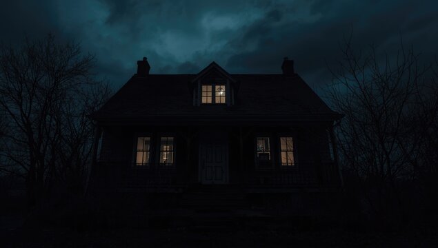 Eerie House at Night with Illuminated Windows - Dark Sky, Creepy Atmosphere