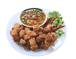 Fototapeta premium Crispy fried pork with spicy Asian dipping sauce, featuring golden texture and bold flavors. Perfect for Asian cuisine, street food, comfort food on transparent.