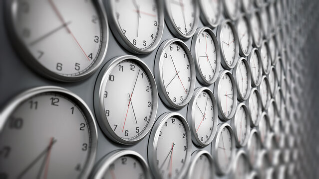 Modern wall clocks showing different time zones of world cities. 3D illustration