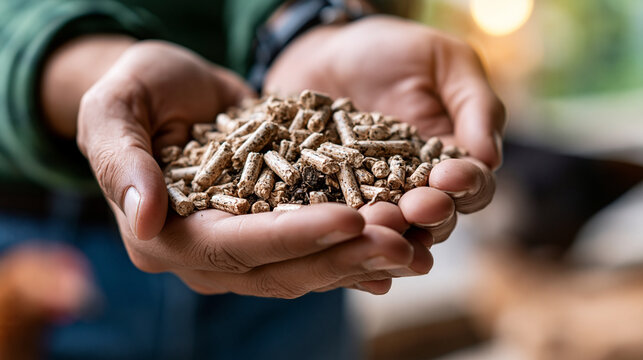 Close up of hands holding a handful of calf feed granules at a bright stock yard textured pellets in the cupped palms calf feed animal nutrition hands stock yard livestock
