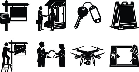 Real estate and property marketing icon set featuring house key drone handshake and sale sign © Gauranga