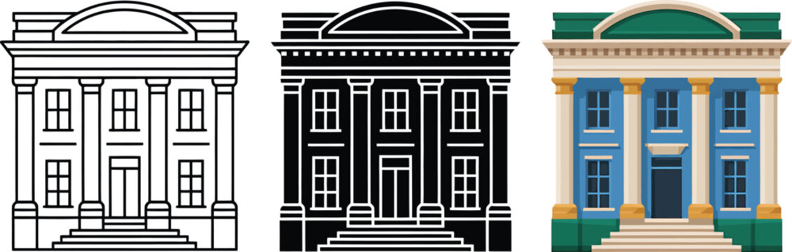 Classical bank building facades in thin black silhouette, and flat color vector and facade, government and public and municipal in outline style