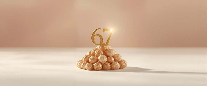 Golden Number 67 on a Pile of Textured Balls Against a Soft Background