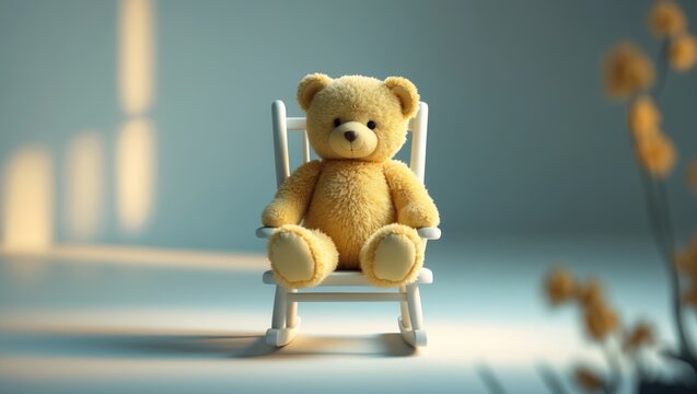 Vintage old bear on rocking chair - children's toy on white background