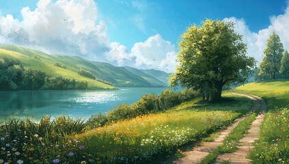 Naklejka premium Serene Landscape with River and Green Hills on a Sunny Day