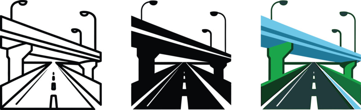 Highway overpass and elevated road bridge icons in silhouette, and color and icon, and infrastructure in outline style