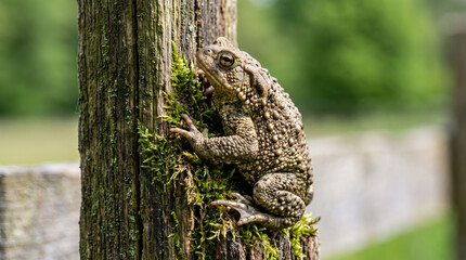 Obraz premium Large bumpy brown toad climbing on a mossy wooden fence post