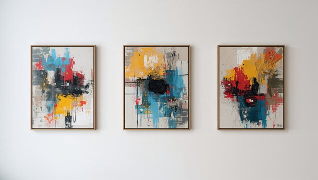 Abstract Triptych Art Displayed on a White Wall with Colorful Brush Strokes
