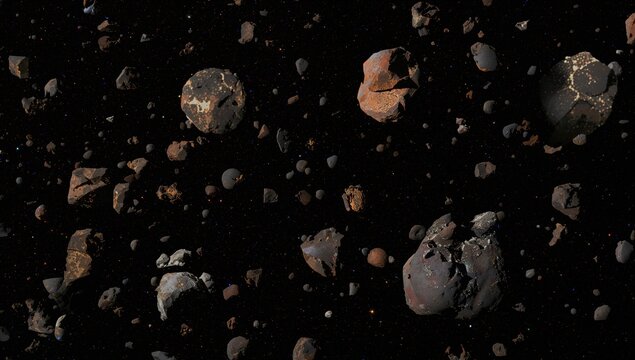 Asteroid Field with Various Rocks in Depths of Space
