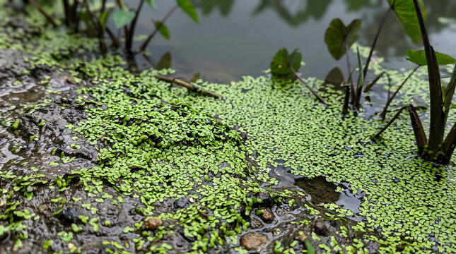 Tiny green duckweed plants covering the muddy bank of a pond