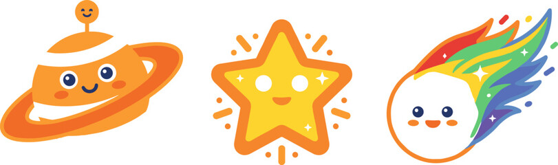 Cute space character vector set featuring a happy planet saturn smiling star and colorful rainbow tail comet icon © Utpal