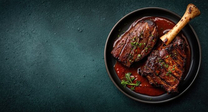 Delicious grilled lamb and pork ribs served with herbs and sauce on a dark green background featuring inviting copyspace
