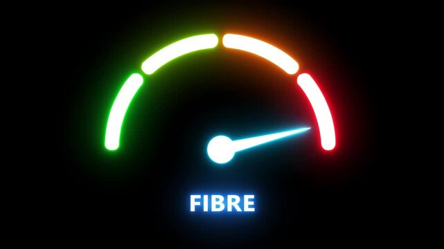 Speed fibre optic internet connection gauge animation, neon digital speedometer concept for broadband and network performance