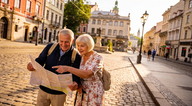 Senior Tourist Couple Reading Map on European City Street