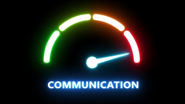 Neon communication speedometer gauge concept: digital connectivity and data transfer visualization glowing