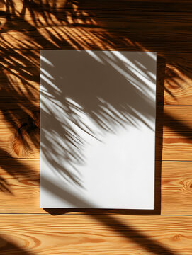 Natural shadows from leaves and warm sunlight on a wooden surface form the base for a blank white brochure or magazine mockup