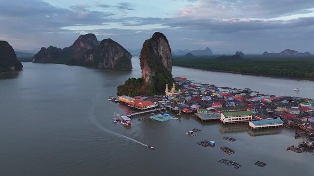 Aerial view of ko panyi floating village in thailand at dusk