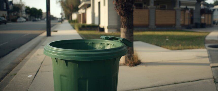 Green Trash Bin on Sidewalk - Urban Residential Street, Daylight, Close-Up