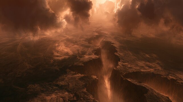 Concept Art Shows Earthquake Fault Line Releasing With Ground Opening From One Point Outward in Dramatic Dark Tones