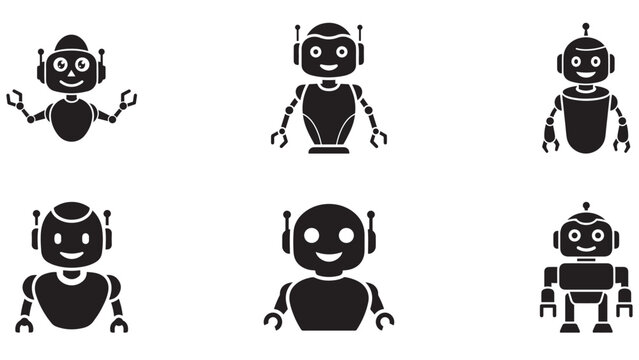 Six cute cartoon robot characters in different poses, simple dark vector icons isolated on transparent background for technology and automation design