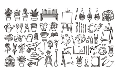 Obraz premium Hobby and craft design set depicting nature planting essentials blended with painter workshop supplies