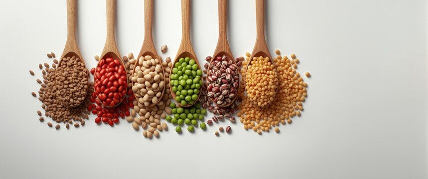 Variety of Colorful Dried Pulses and Legumes in Wooden Spoons on White Background