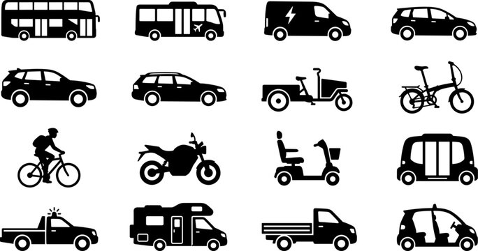 Set of city transportation and public transit black glyph icons representing modern vehicles automobiles bikes and electric mobility options