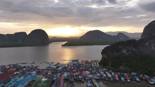 Aerial view of ko panyi fishing village at sunset, Thailand
