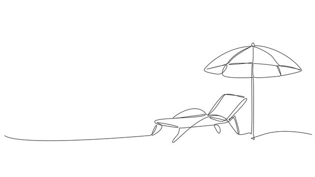 animated continuous one line drawing of a beach chair and sun umbrella. Minimalist summer vacation concept, line art animation