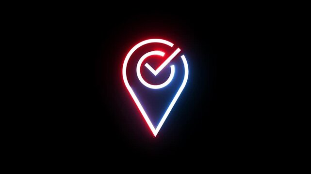 Neon location pin icon with checkmark glowing in red and blue motion animation on black.