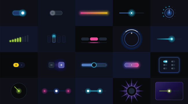 Neon glow UI elements bundle set featuring digital sliders, toggle switches, and volume knobs for modern dashboard design