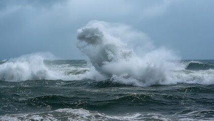Naklejka premium Powerful Ocean Waves Crashing - Stormy Seascape, Dramatic Lighting