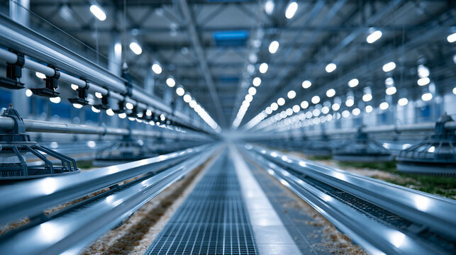Empty large automated poultry house with long rows of suspended automatic feeding lines and drinkers stretching into the distance bright clean interior with fresh bedding